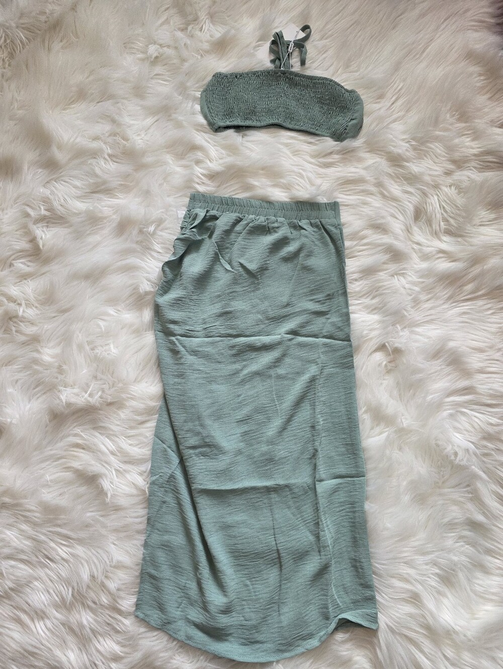 Smocked Halter Crop Top and Midi Skirt Set - Sage Green